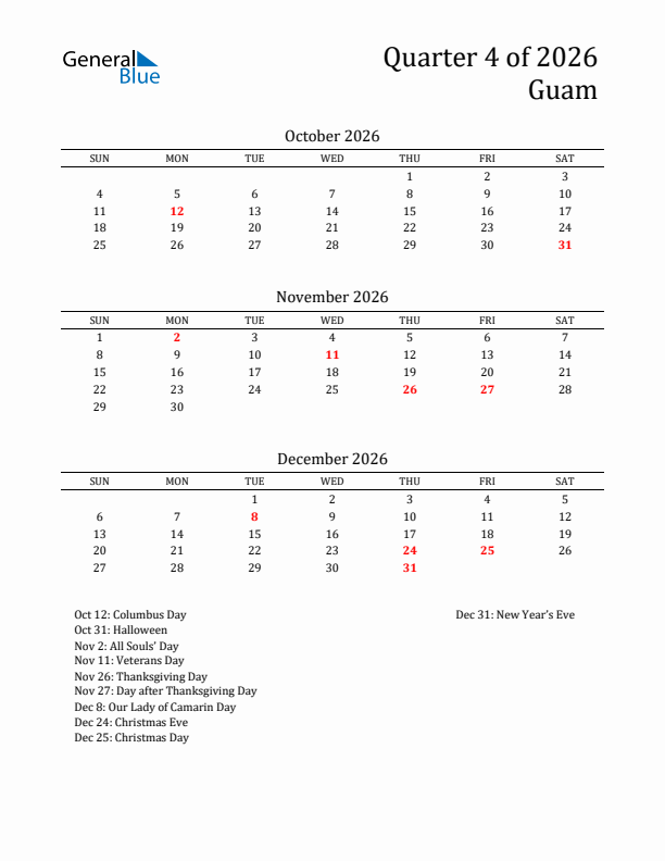 Quarter 4 2026 Guam Quarterly Calendar