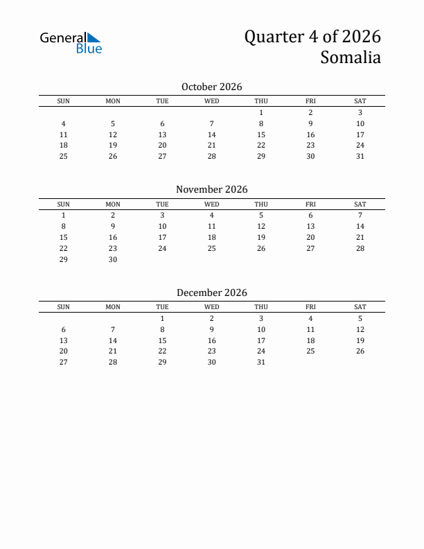 Quarter 4 2026 Somalia Quarterly Calendar