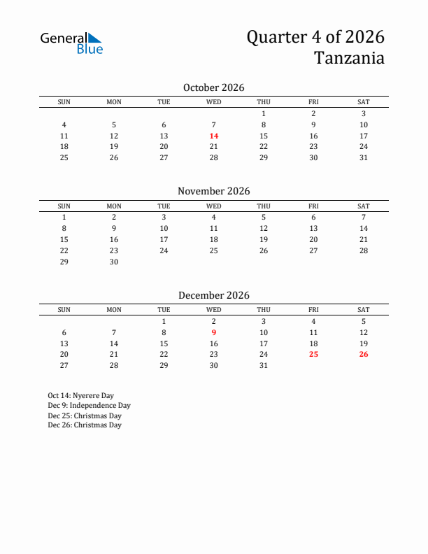 Quarter 4 2026 Tanzania Quarterly Calendar