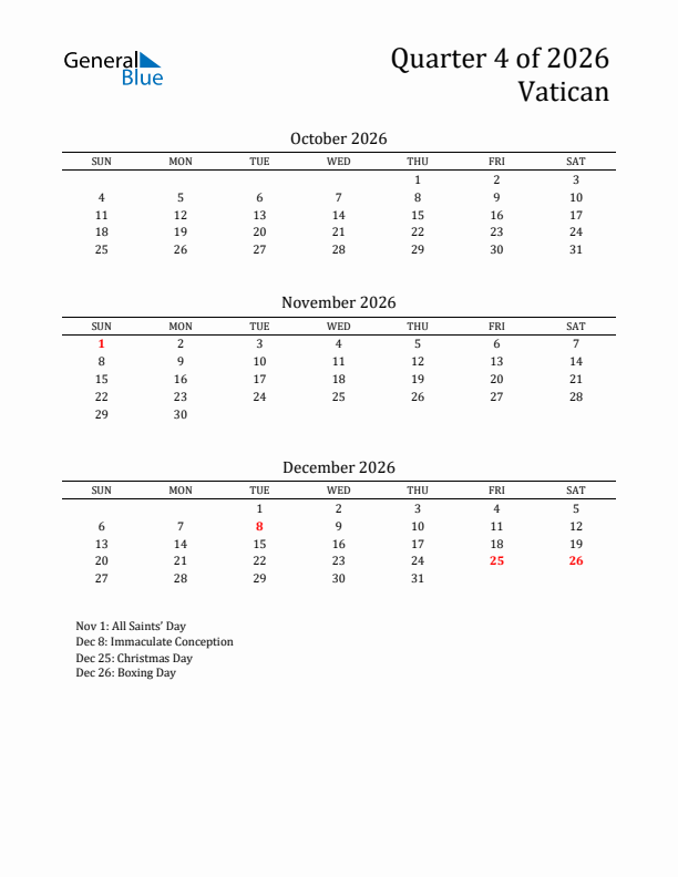 Quarter 4 2026 Vatican Quarterly Calendar