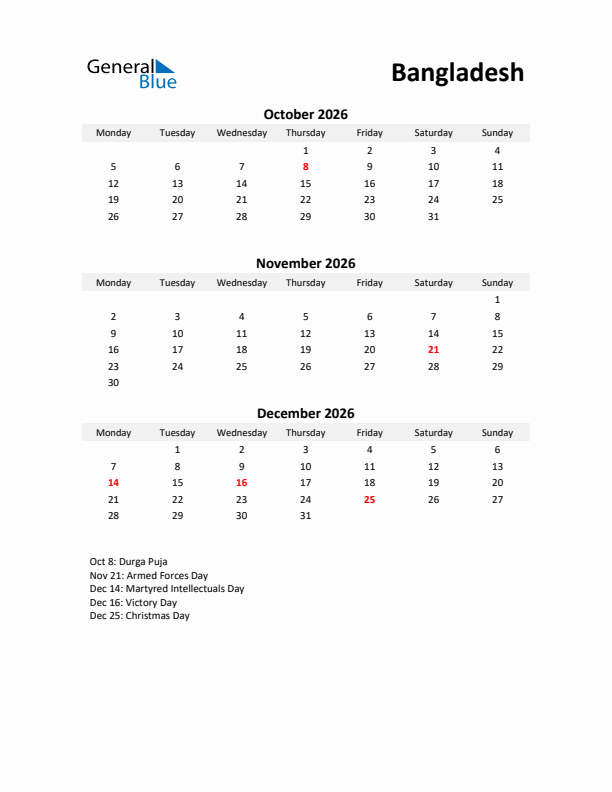 Printable Quarterly Calendar with Notes and Bangladesh Holidays- Q4 of 2026