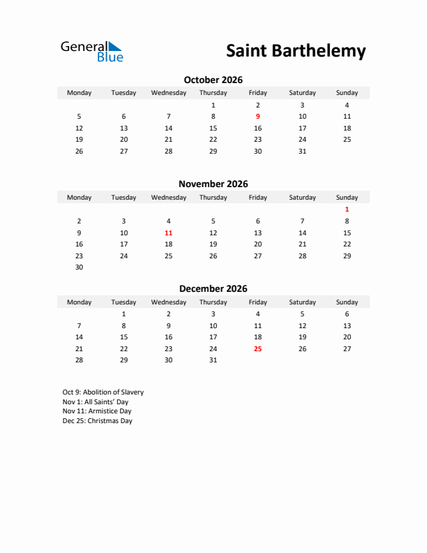 Printable Quarterly Calendar with Notes and Saint Barthelemy Holidays- Q4 of 2026