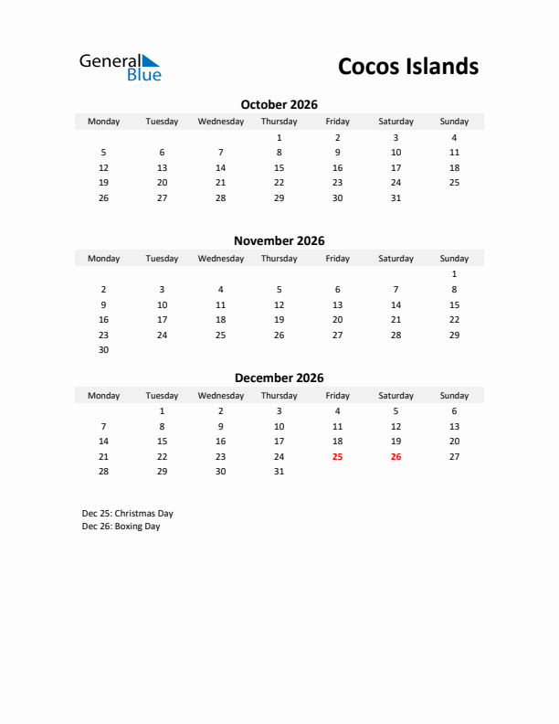 Printable Quarterly Calendar with Notes and Cocos Islands Holidays- Q4 of 2026