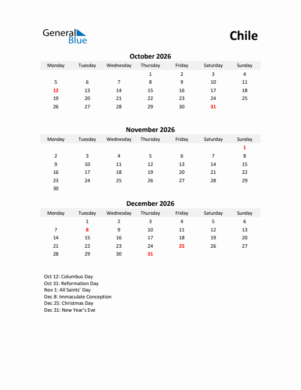 Printable Quarterly Calendar with Notes and Chile Holidays- Q4 of 2026