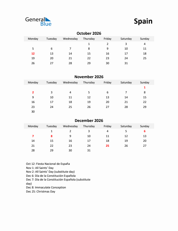 Printable Quarterly Calendar with Notes and Spain Holidays- Q4 of 2026