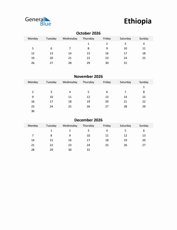 Printable Quarterly Calendar with Notes and Ethiopia Holidays- Q4 of 2026