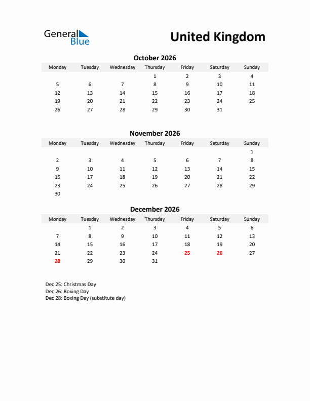 Printable Quarterly Calendar with Notes and United Kingdom Holidays- Q4 of 2026