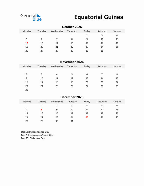 Printable Quarterly Calendar with Notes and Equatorial Guinea Holidays- Q4 of 2026