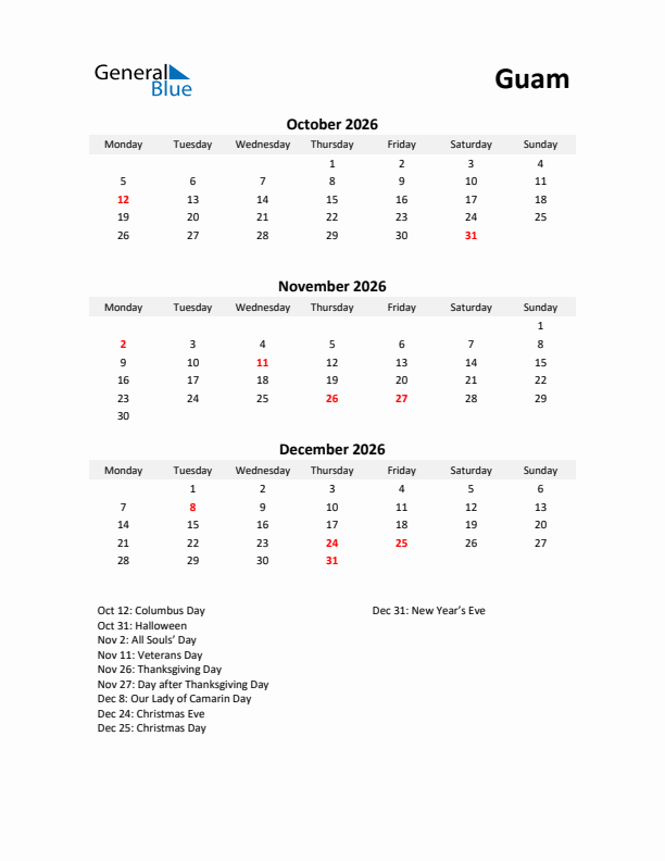 Printable Quarterly Calendar with Notes and Guam Holidays- Q4 of 2026