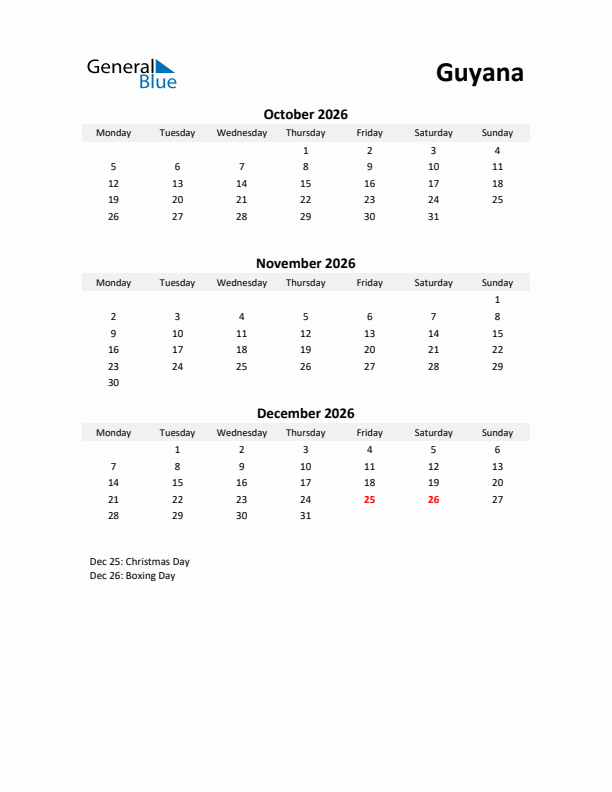 Printable Quarterly Calendar with Notes and Guyana Holidays- Q4 of 2026