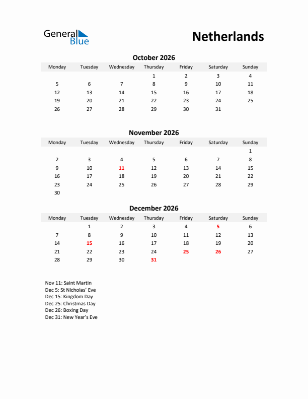 Printable Quarterly Calendar with Notes and The Netherlands Holidays- Q4 of 2026