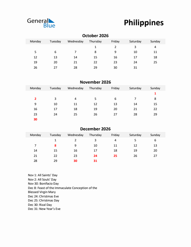 Printable Quarterly Calendar with Notes and Philippines Holidays- Q4 of 2026