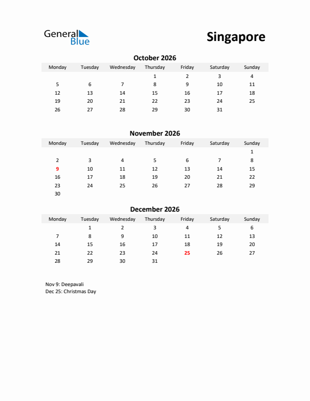 Printable Quarterly Calendar with Notes and Singapore Holidays- Q4 of 2026