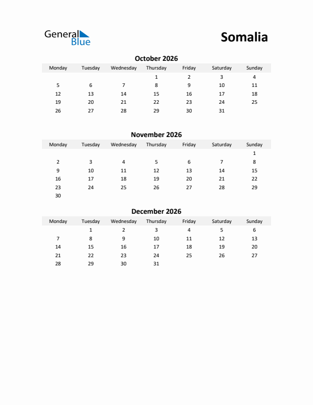 Printable Quarterly Calendar with Notes and Somalia Holidays- Q4 of 2026