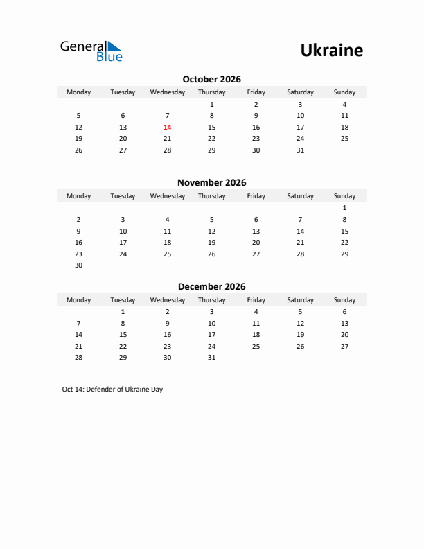 Printable Quarterly Calendar with Notes and Ukraine Holidays- Q4 of 2026