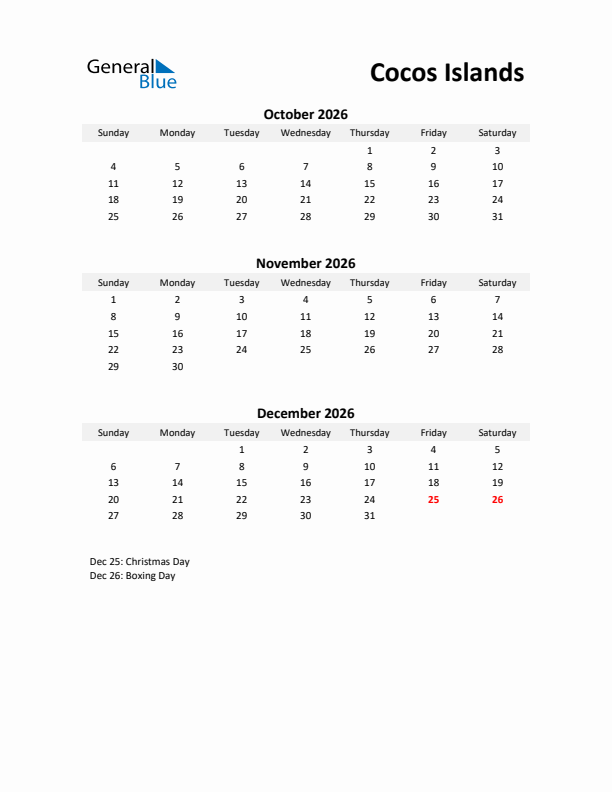 Printable Quarterly Calendar with Notes and Cocos Islands Holidays- Q4 of 2026