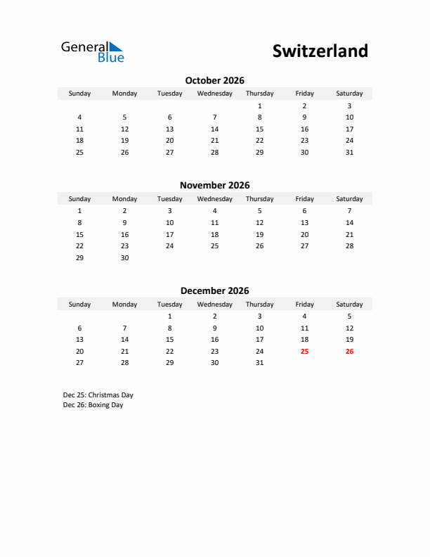 Printable Quarterly Calendar with Notes and Switzerland Holidays- Q4 of 2026