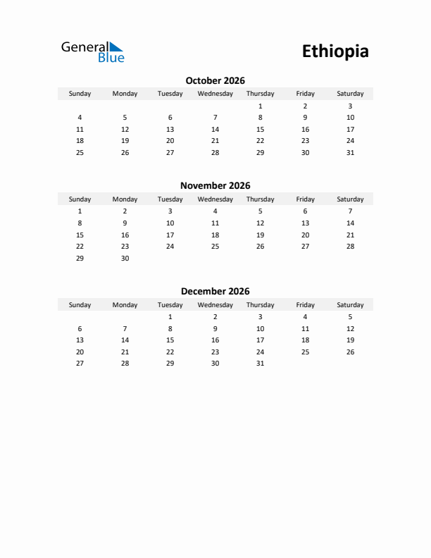 Printable Quarterly Calendar with Notes and Ethiopia Holidays- Q4 of 2026