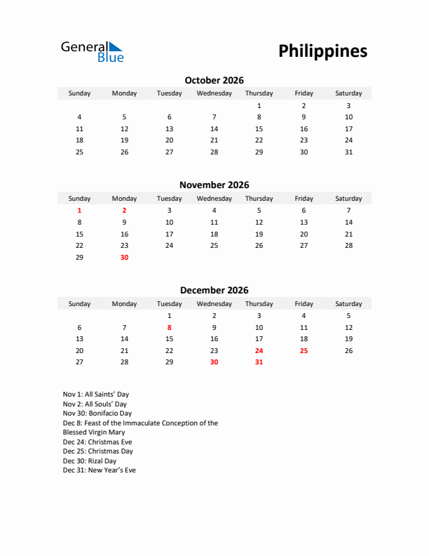 Printable Quarterly Calendar with Notes and Philippines Holidays- Q4 of 2026