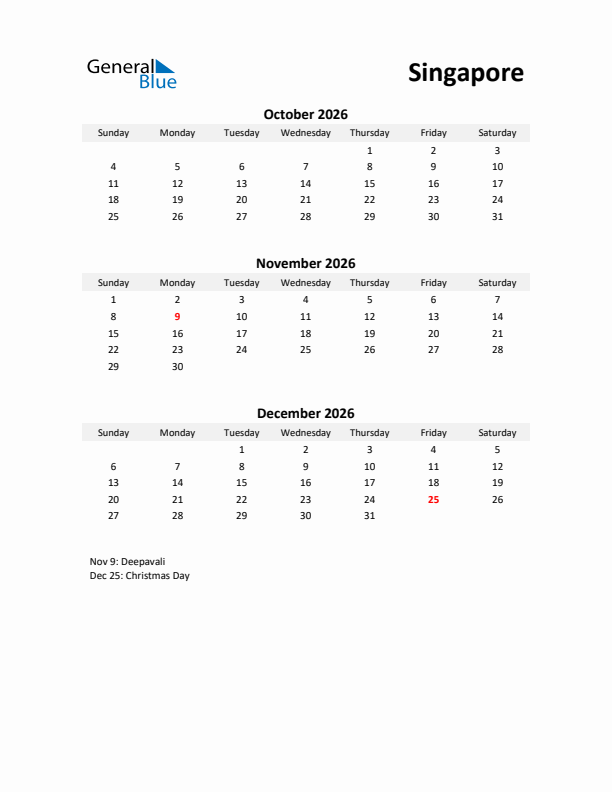 Printable Quarterly Calendar with Notes and Singapore Holidays- Q4 of 2026