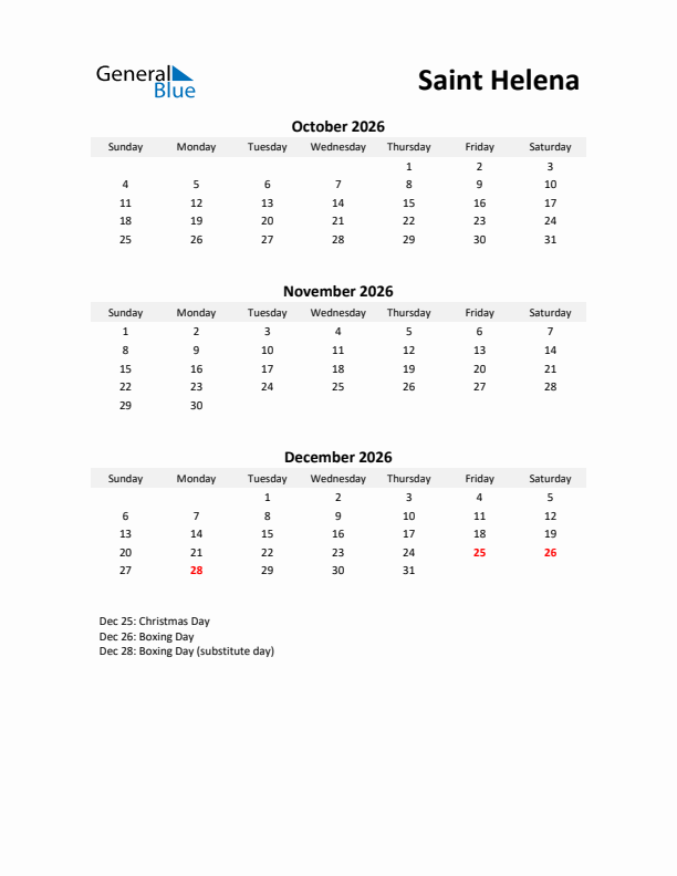 Printable Quarterly Calendar with Notes and Saint Helena Holidays- Q4 of 2026