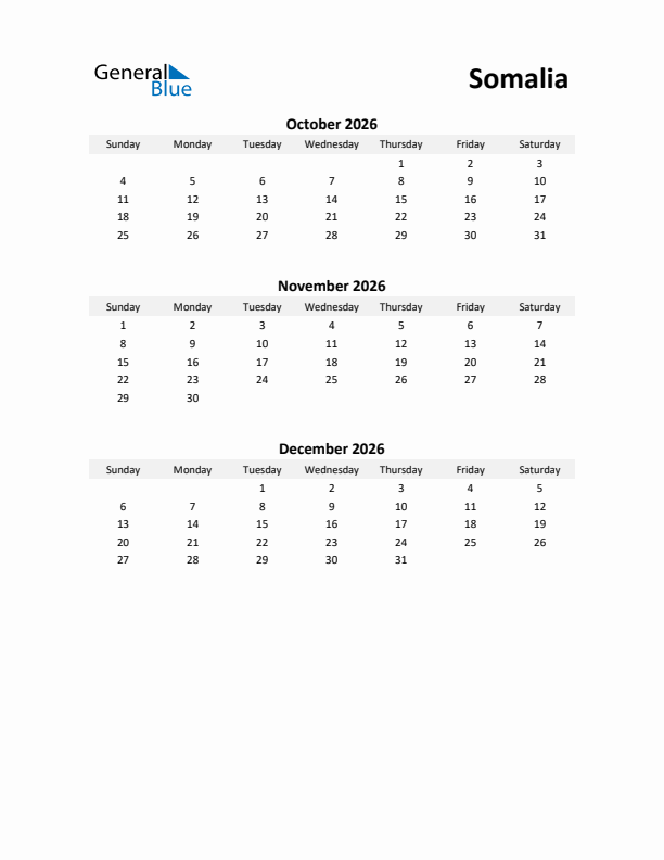 Printable Quarterly Calendar with Notes and Somalia Holidays- Q4 of 2026