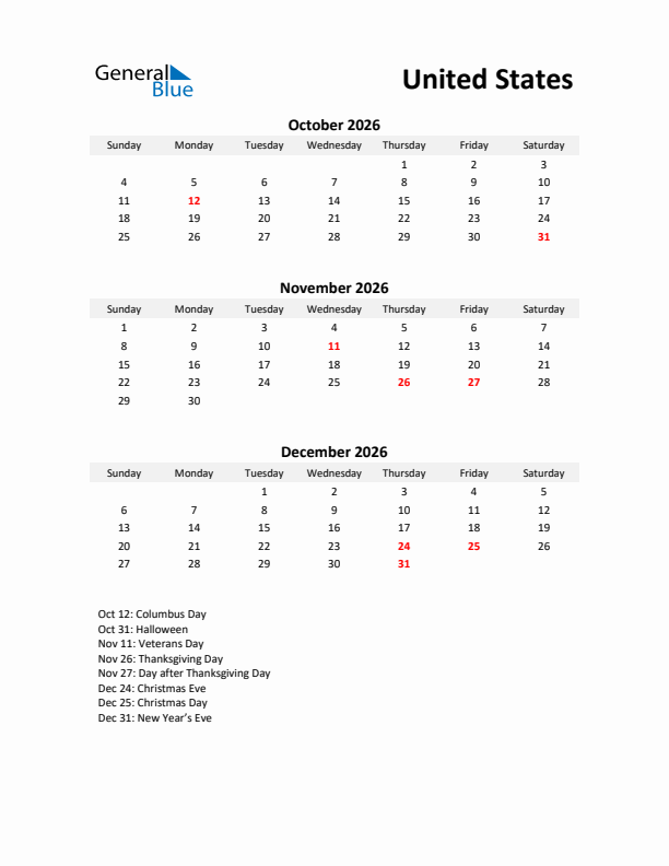 Printable Quarterly Calendar with Notes and United States Holidays- Q4 of 2026