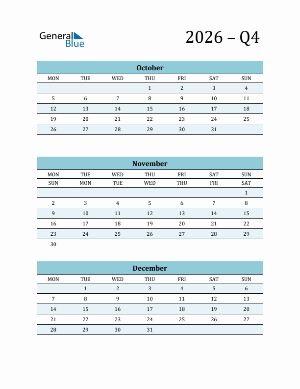 October, November, and December 2026 Calendar