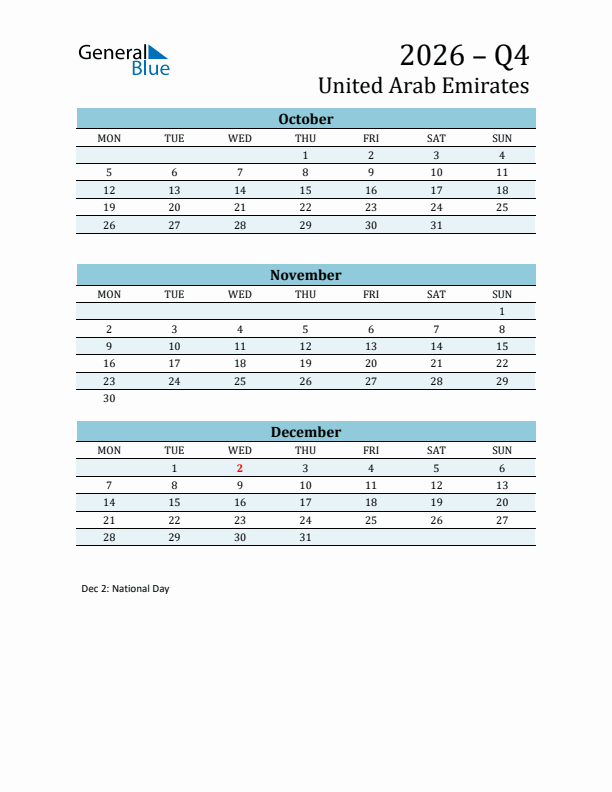 Three-Month Planner for Q4 2026 with Holidays - United Arab Emirates