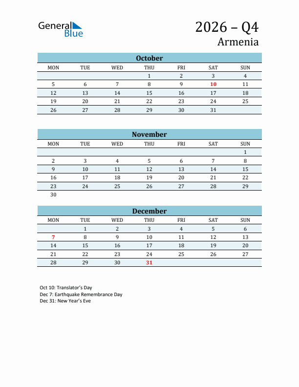 Three-Month Planner for Q4 2026 with Holidays - Armenia