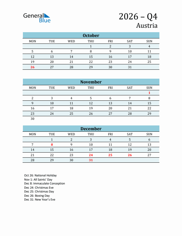 Three-Month Planner for Q4 2026 with Holidays - Austria