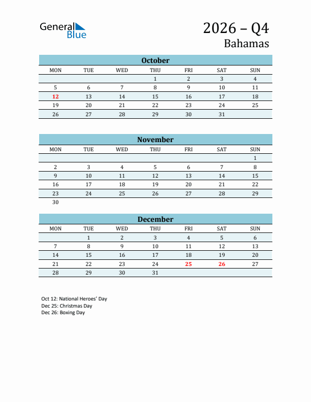 Three-Month Planner for Q4 2026 with Holidays - Bahamas