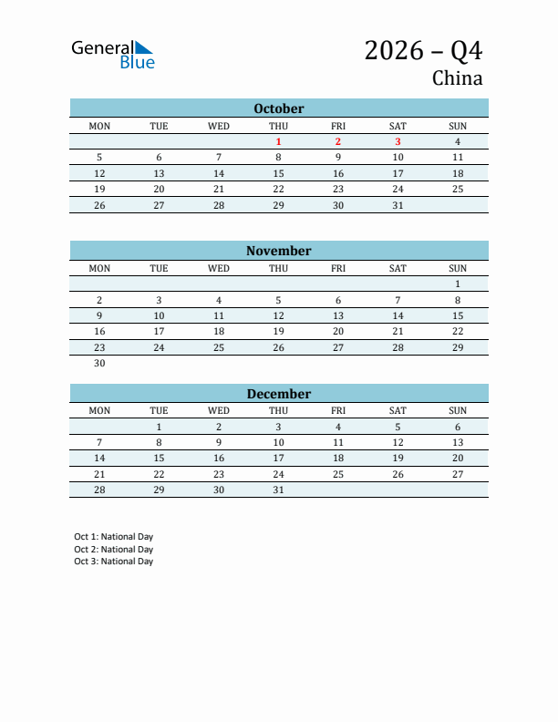 Three-Month Planner for Q4 2026 with Holidays - China