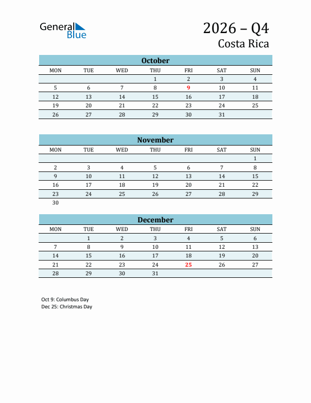 Three-Month Planner for Q4 2026 with Holidays - Costa Rica