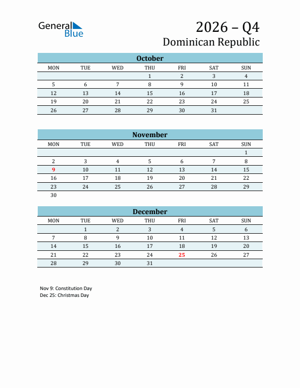 Three-Month Planner for Q4 2026 with Holidays - Dominican Republic