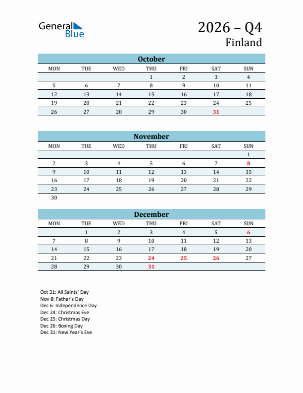 Three-Month Planner for Q4 2026 with Holidays - Finland