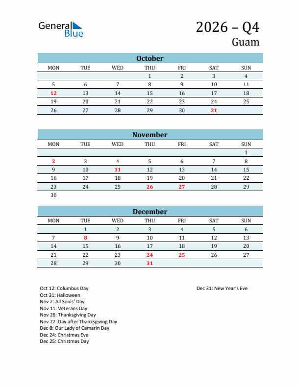 Three-Month Planner for Q4 2026 with Holidays - Guam