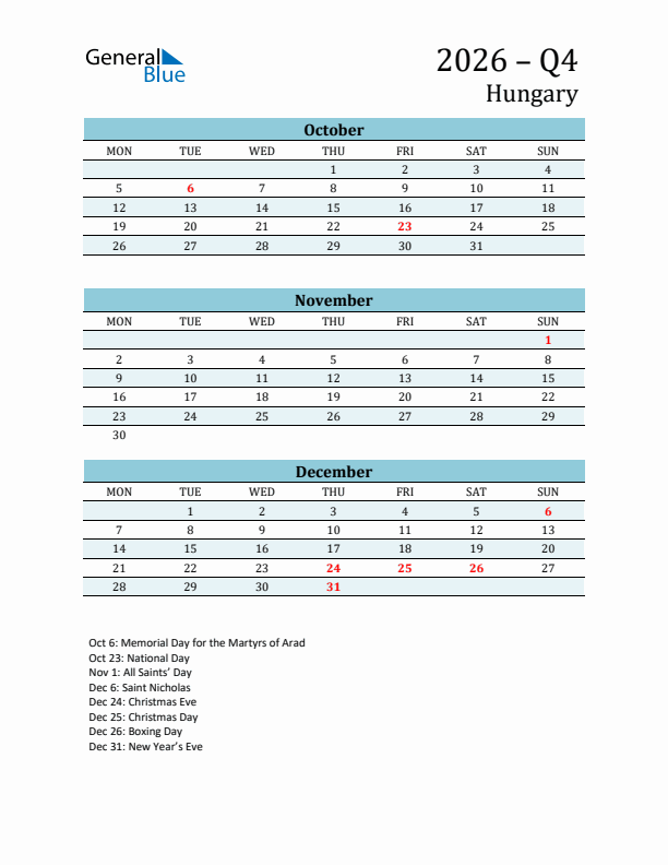 Three-Month Planner for Q4 2026 with Holidays - Hungary