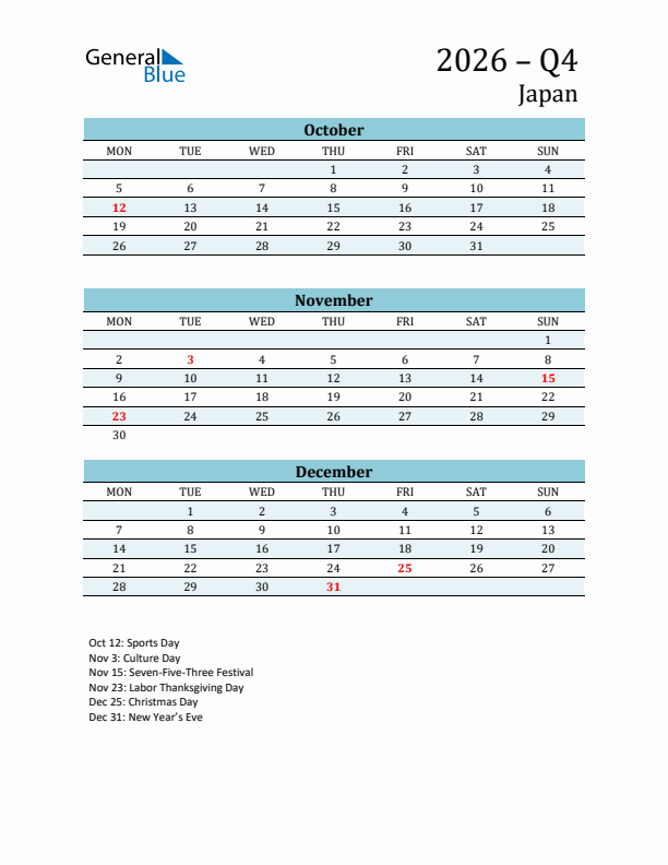 Three-Month Planner for Q4 2026 with Holidays - Japan