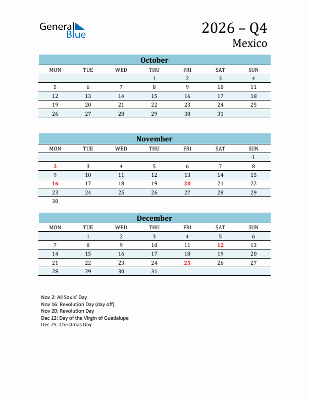 Three-Month Planner for Q4 2026 with Holidays - Mexico