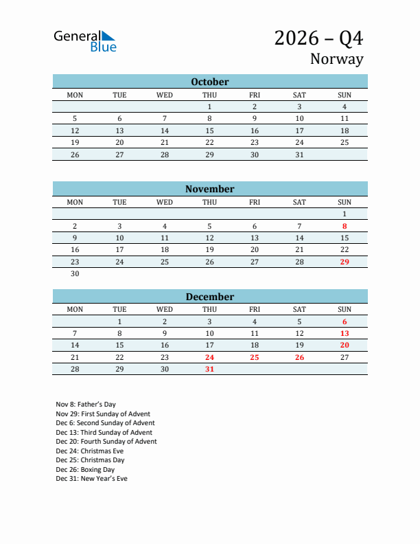 Three-Month Planner for Q4 2026 with Holidays - Norway