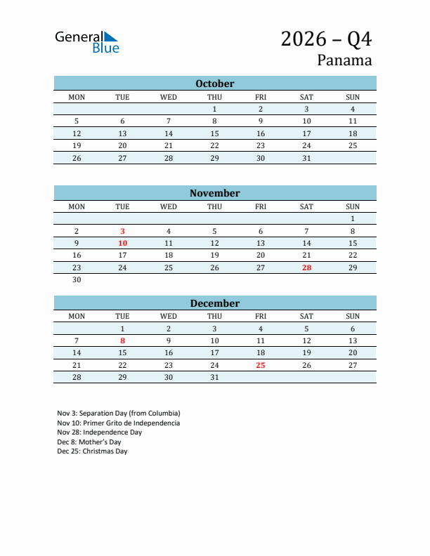 Three-Month Planner for Q4 2026 with Holidays - Panama