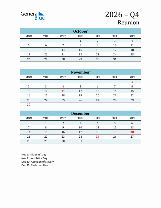 Three-Month Planner for Q4 2026 with Holidays - Reunion