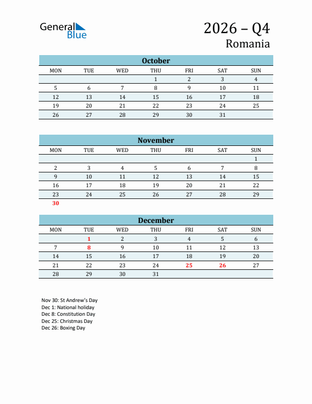 Three-Month Planner for Q4 2026 with Holidays - Romania