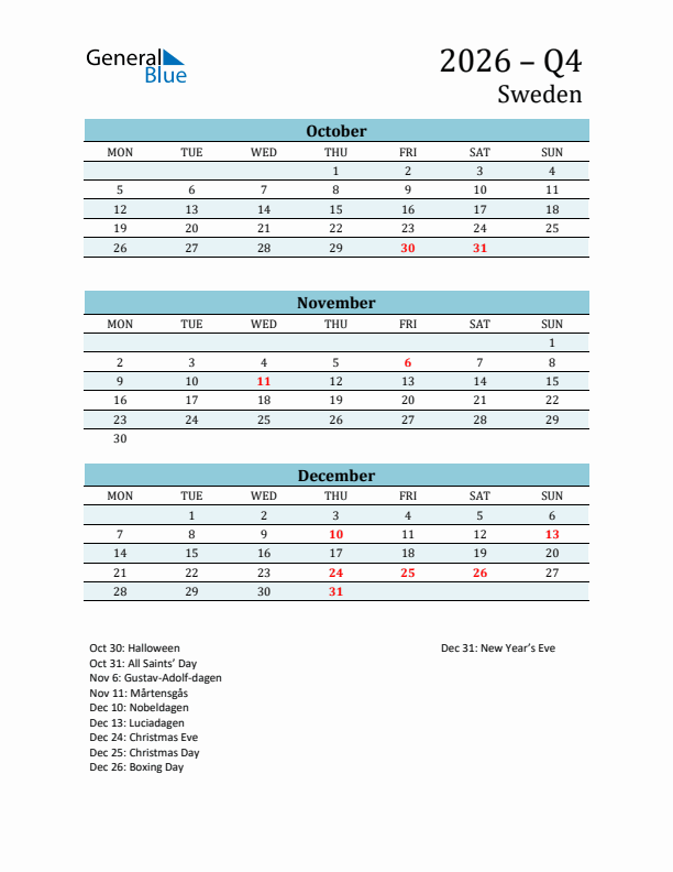 Three-Month Planner for Q4 2026 with Holidays - Sweden