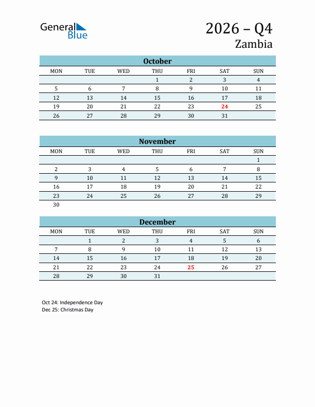 Three-Month Planner for Q4 2026 with Holidays - Zambia