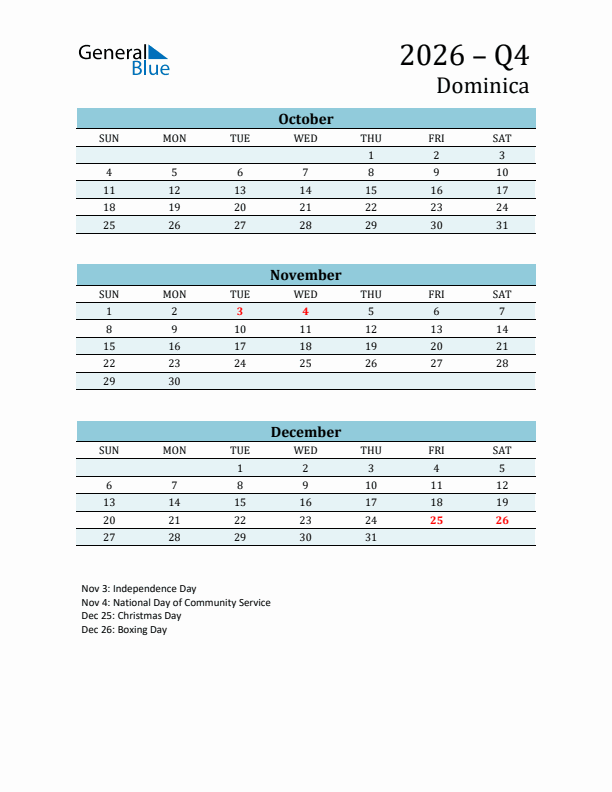 Three-Month Planner for Q4 2026 with Holidays - Dominica