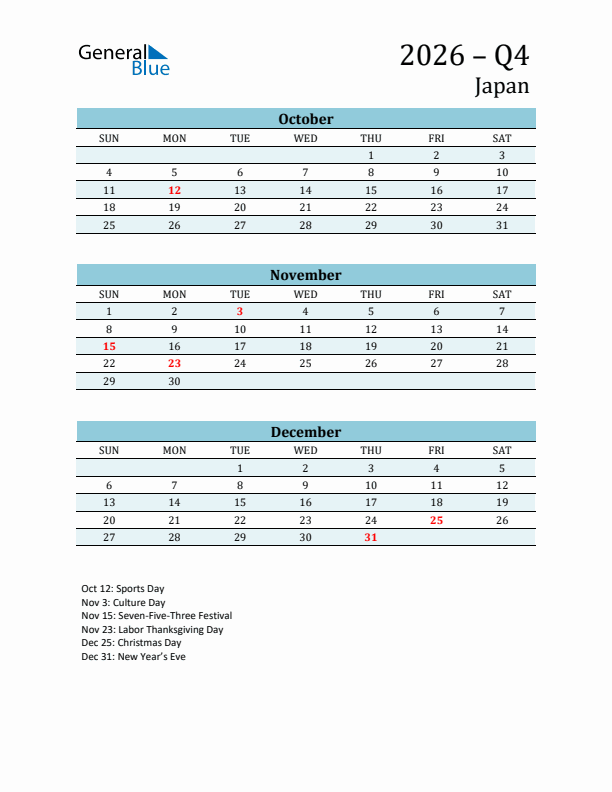 Three-Month Planner for Q4 2026 with Holidays - Japan