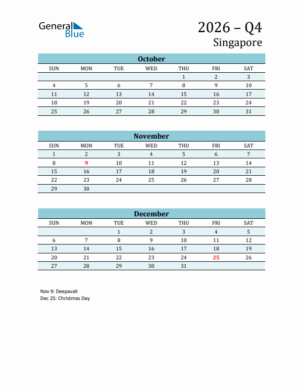 Three-Month Planner for Q4 2026 with Holidays - Singapore