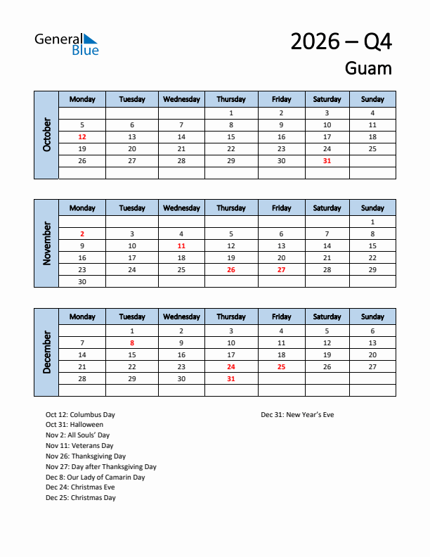 Free Q4 2026 Calendar for Guam - Monday Start